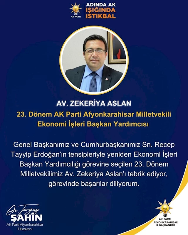 Ak Parti Afyonkarahisar İl Başkanı Turgay Şahin'den Zekeriya Aslan'a Tebrik